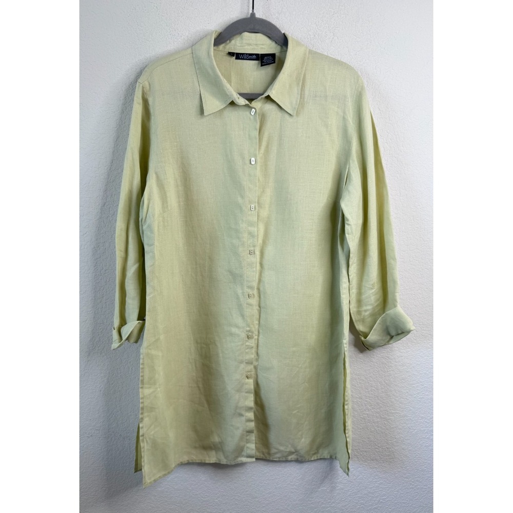Willi Smith 100% Linen Button Down Longline Shirt Womens L Lime Yellow Lagenlook